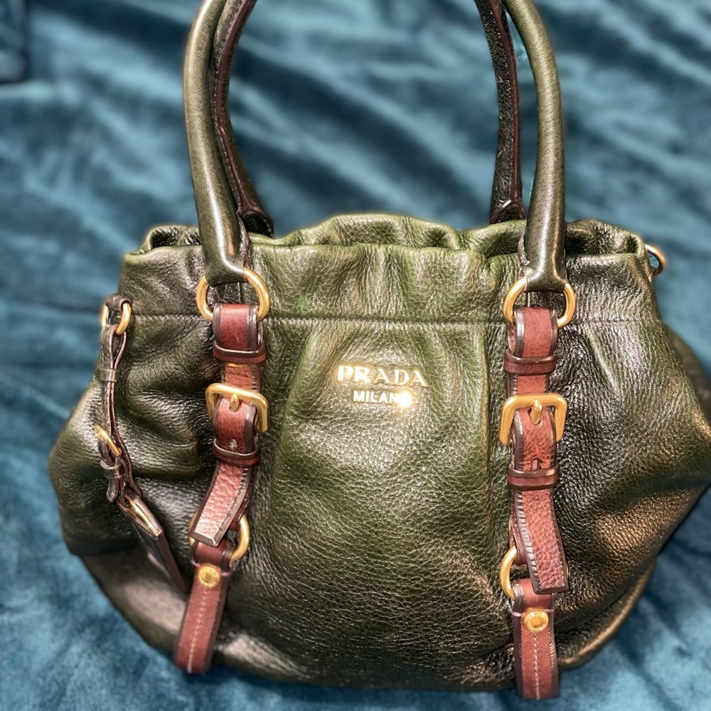 Vintage Prada shoulder bag in Olive calfskin. So so soft! Treat yourself.
